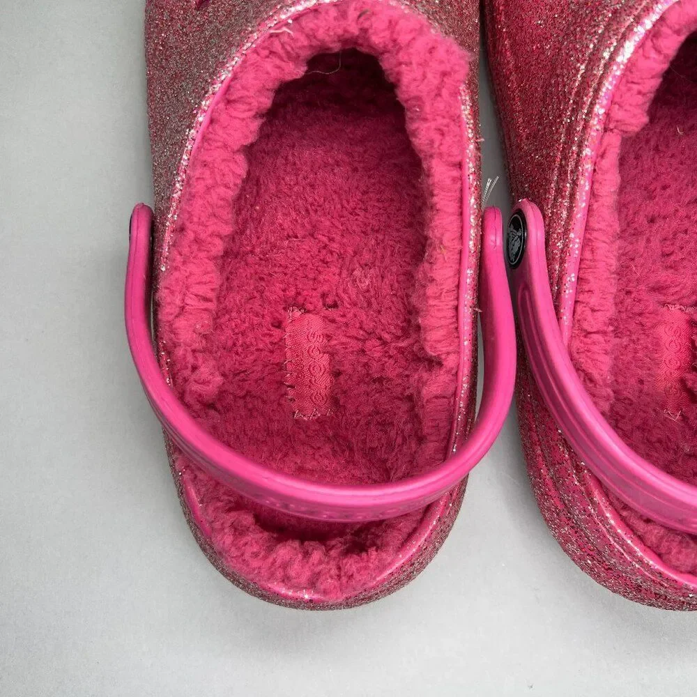Crocs Pink Glitter Shoes Girl's Size 6 Insulated Lined‎ Slip On Clog Sandals